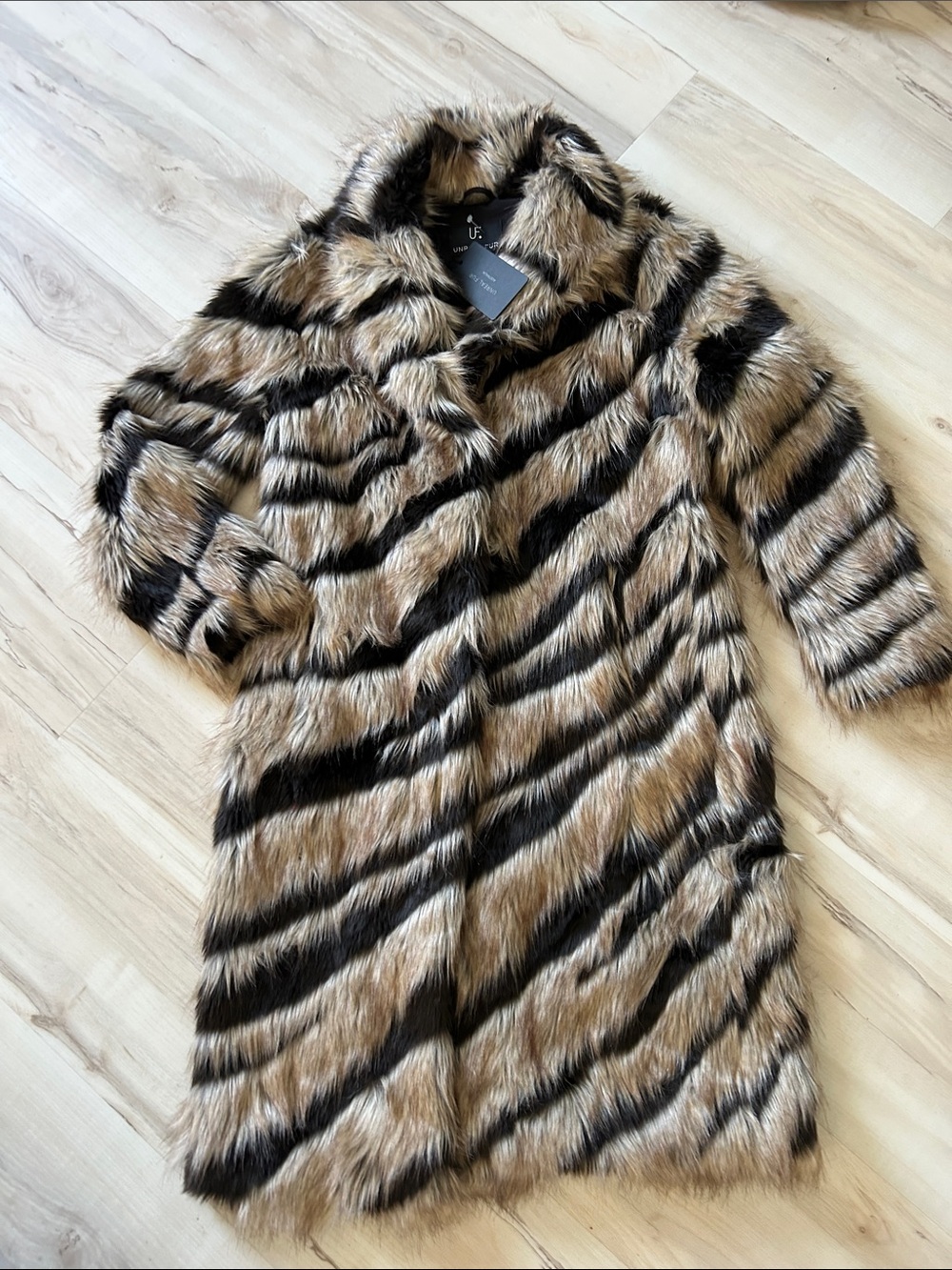 Unreal Fur Striped Faux Fur Coat in Tan & Black